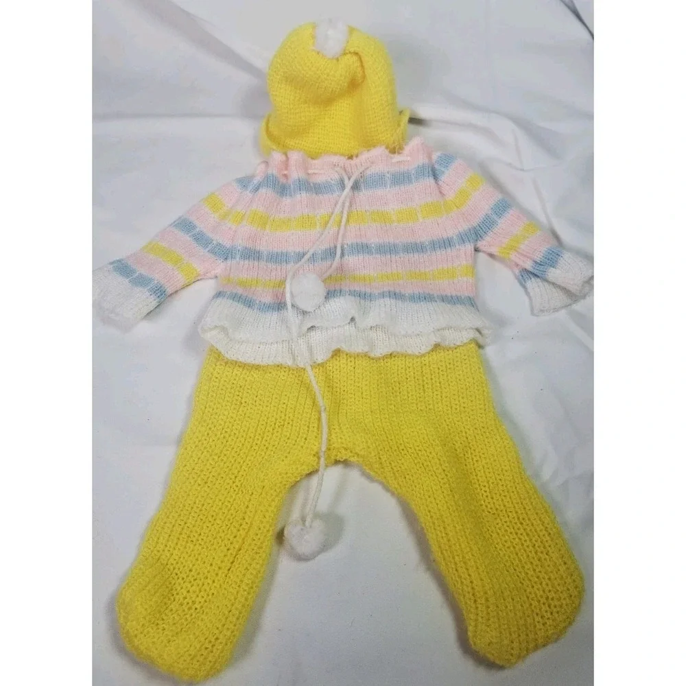 Vintage Hand Knit Doll Outfit Hat Sweater Footed Pants Baby Doll Pink Yellow Pom